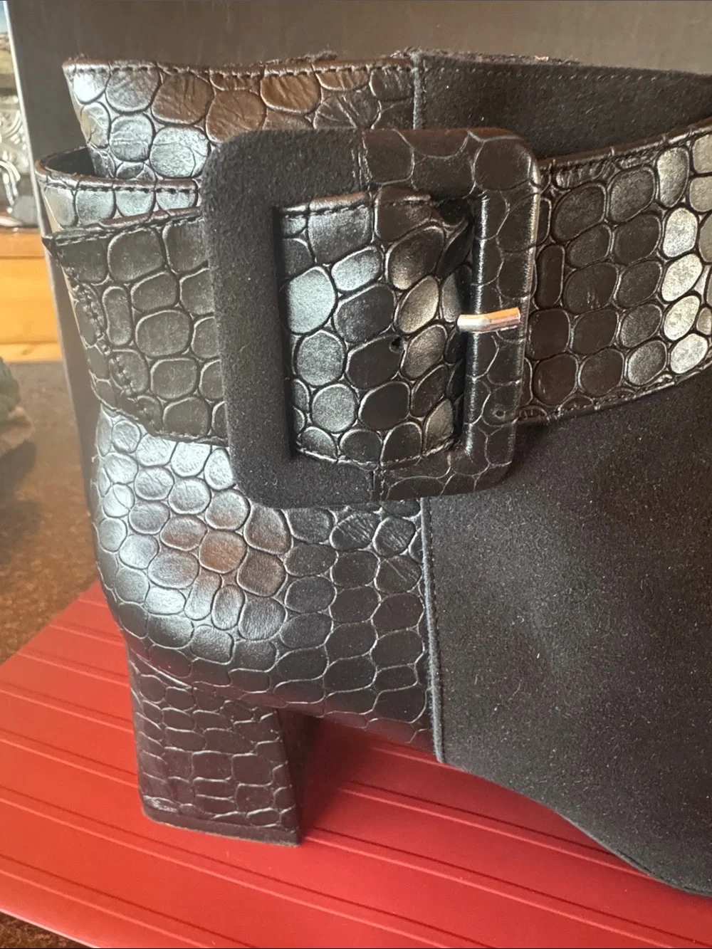Ron White Black Suede Ankle Boot with Croc-Embossed Buckle